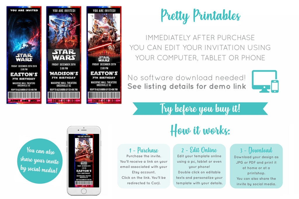 Star Wars Mandalorian Movie Ticket Birthday Invitation - Print Me Pretty