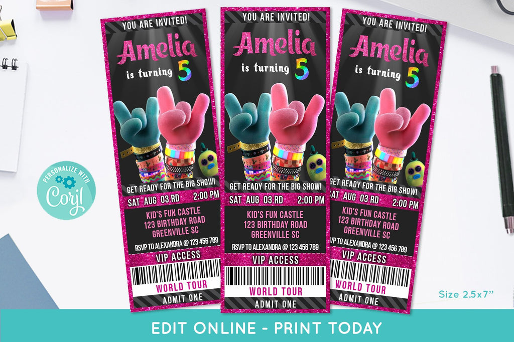 Trolls 2 Movie Ticket Birthday Invitation - Print Me Pretty