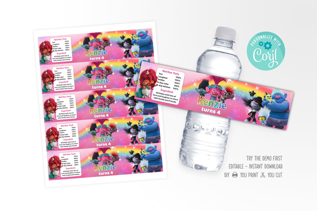 Trolls 2 Water Bottle Wrap - Print Me Pretty