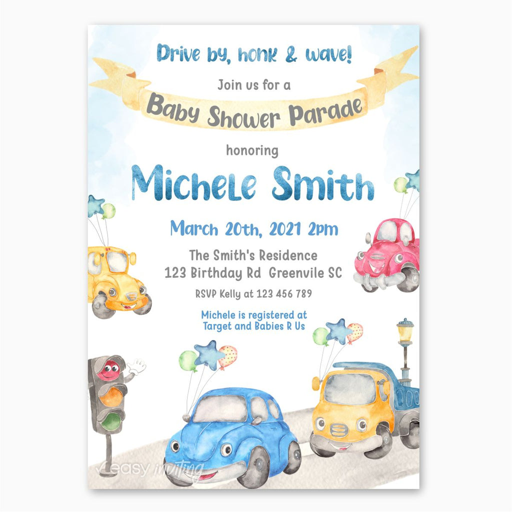 Watercolor Cars Drive By Baby Shower Invitation - Print Me Pretty