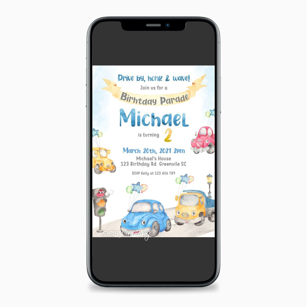 Watercolor Cars Drive By Birthday Invitation - Print Me Pretty
