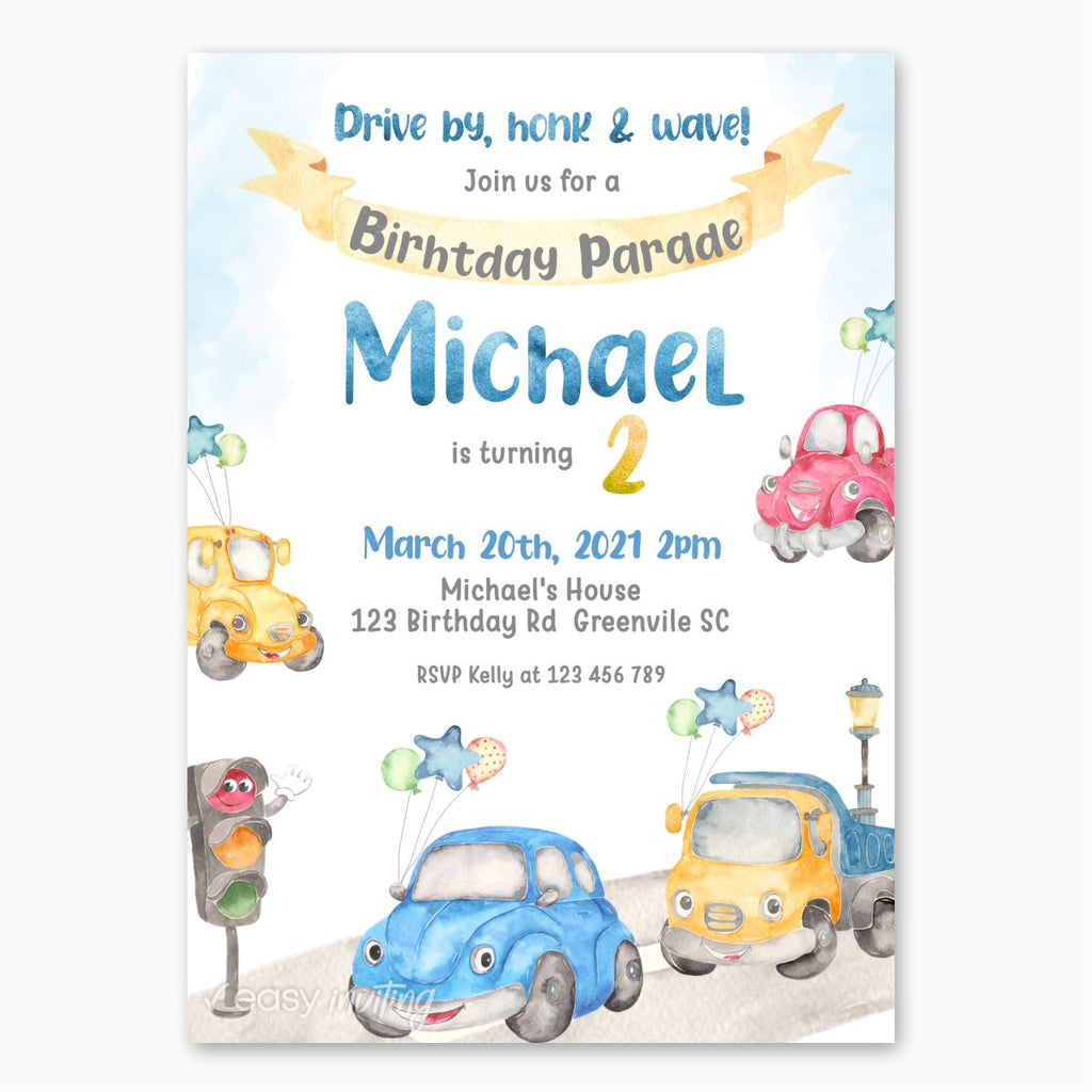 Watercolor Cars Drive By Birthday Invitation - Print Me Pretty
