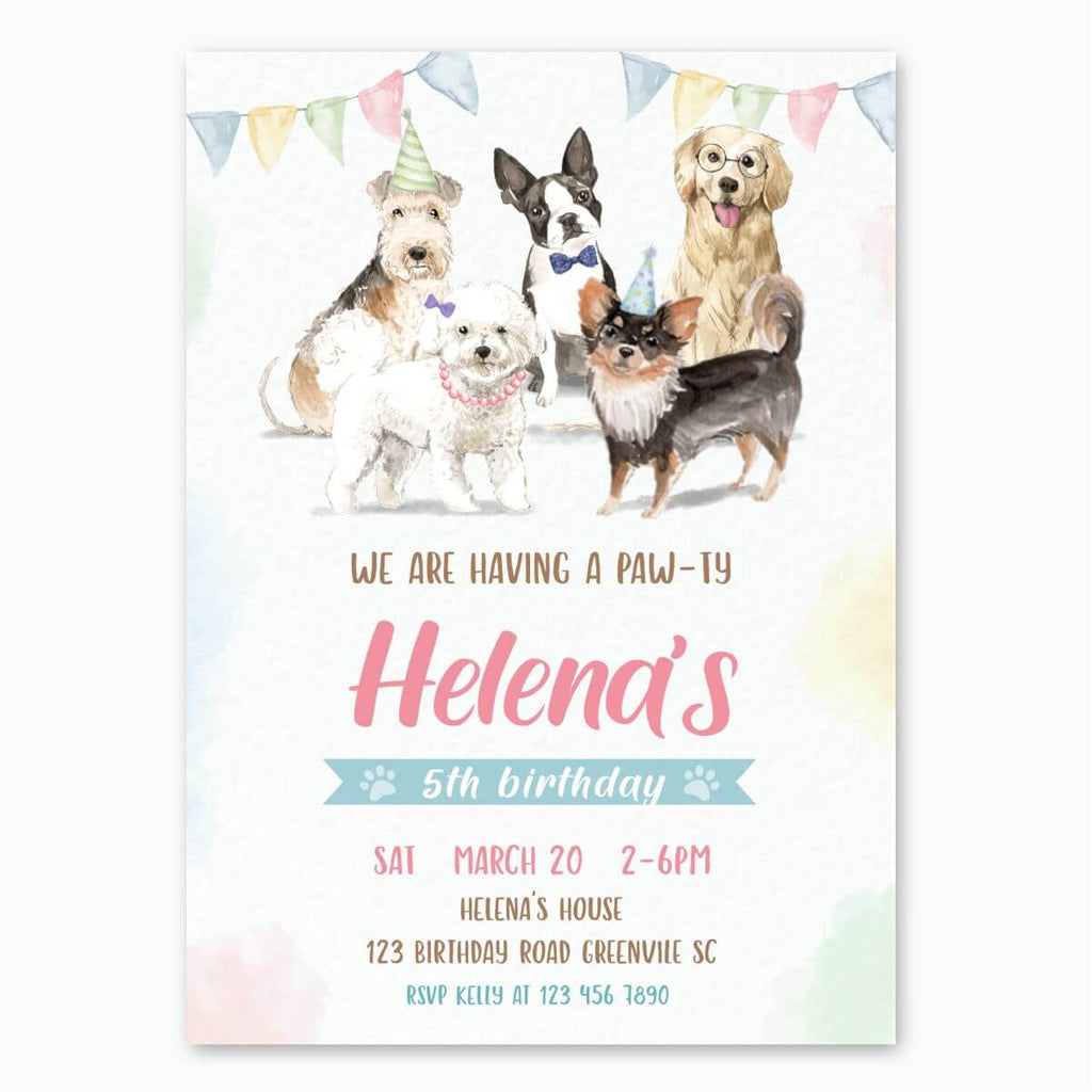Watercolor Dogs Birthday Invitation for Girls - Print Me Pretty