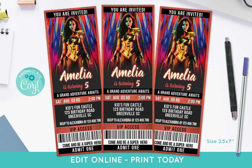Wonder Woman Movie Ticket Birthday Invitation - Print Me Pretty