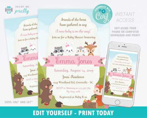 Woodland Creatures Baby Shower Invitation - Print Me Pretty
