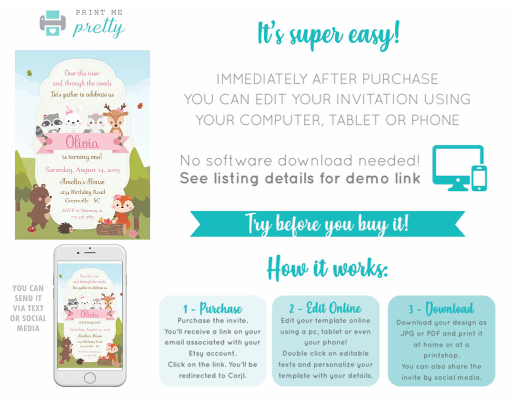 Woodland Creatures Girl Birthday Invitation - Print Me Pretty