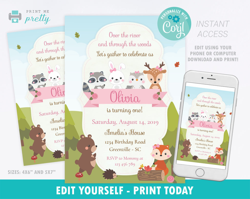 Woodland Creatures Girl Birthday Invitation - Print Me Pretty