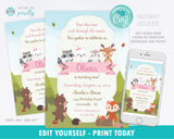 Woodland Creatures Girl Birthday Invitation