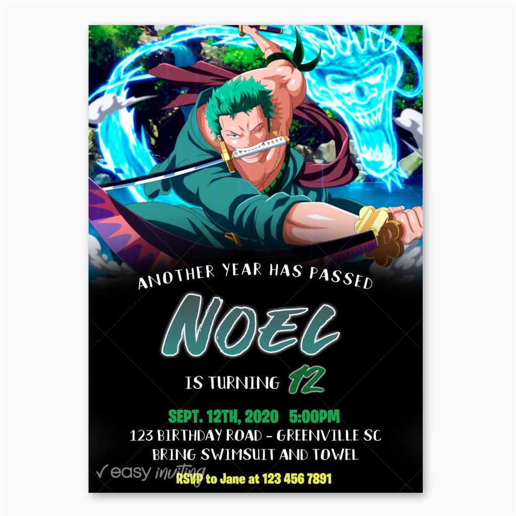 Zoro One Piece Anime Birthday Invitation - Print Me Pretty